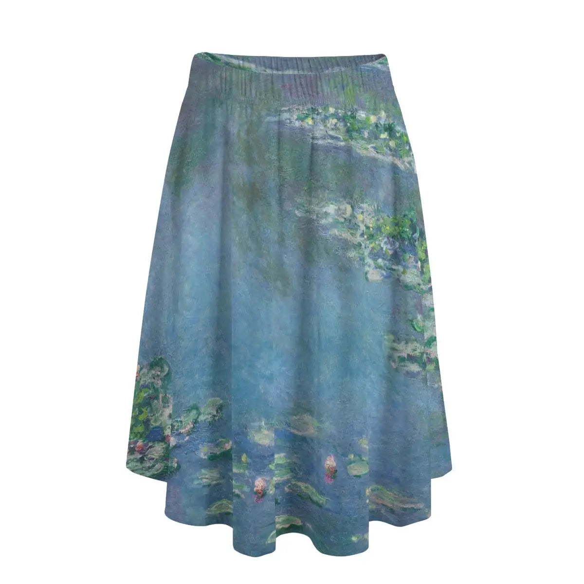 Woman wearing Claude Monet's Water Lilies long maxi skirt showing the serene pond scene against simple sky blue blouse