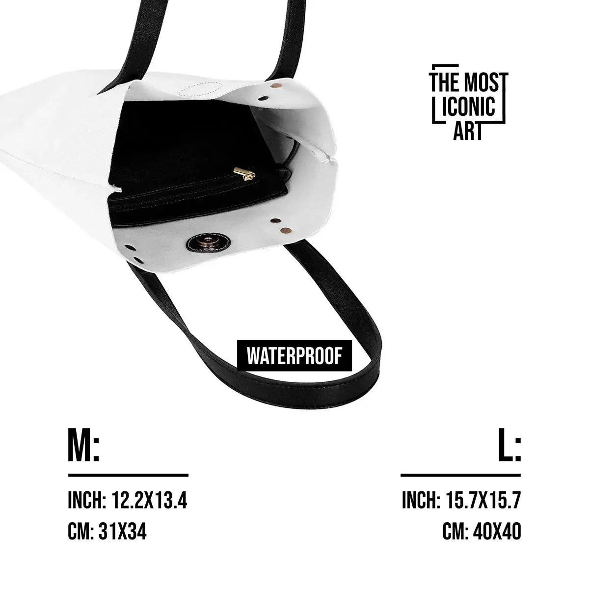 Size comparison of Medium and Large Water Lilies Shoulder Bags with measurements in inches and centimeters