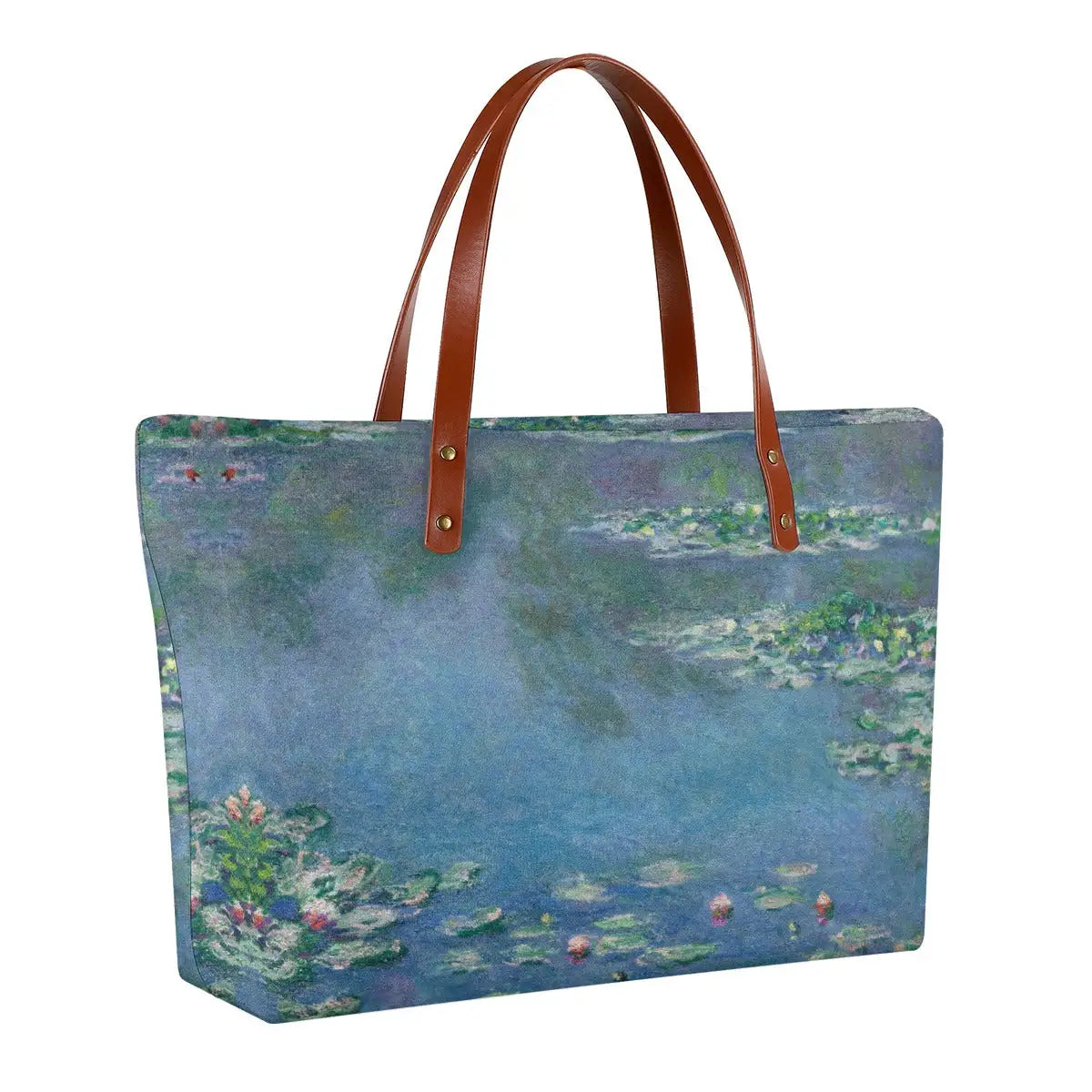 Double-sided Monet Water Lilies print tote bag displaying waterproof diving cloth material