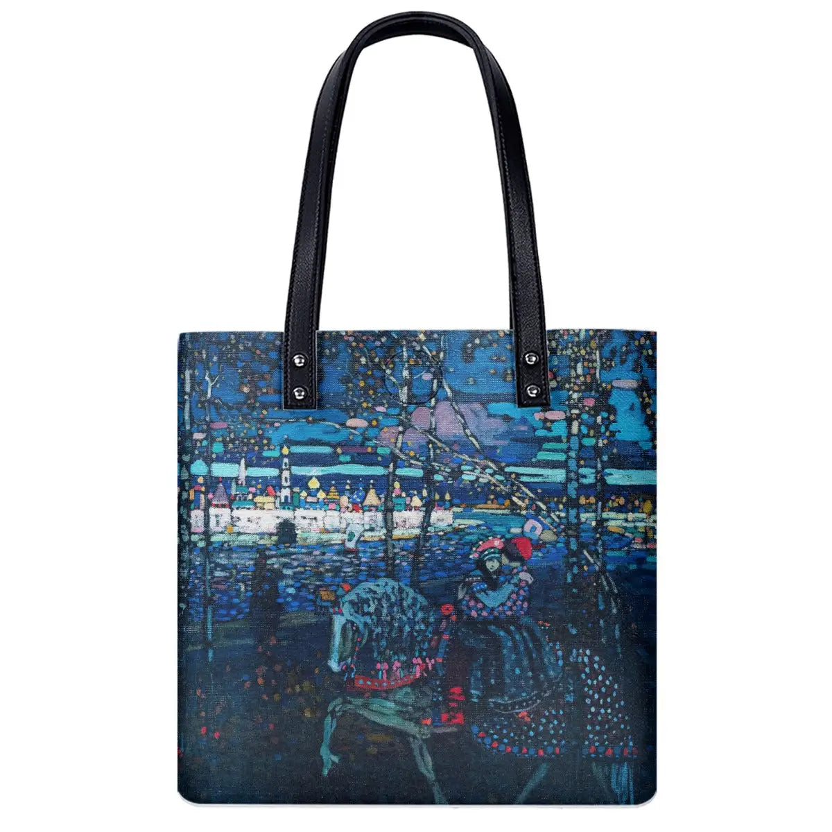 Wassily Kandinsky Couple Riding Shoulder Bag in medium size with abstract art print on black waterproof material