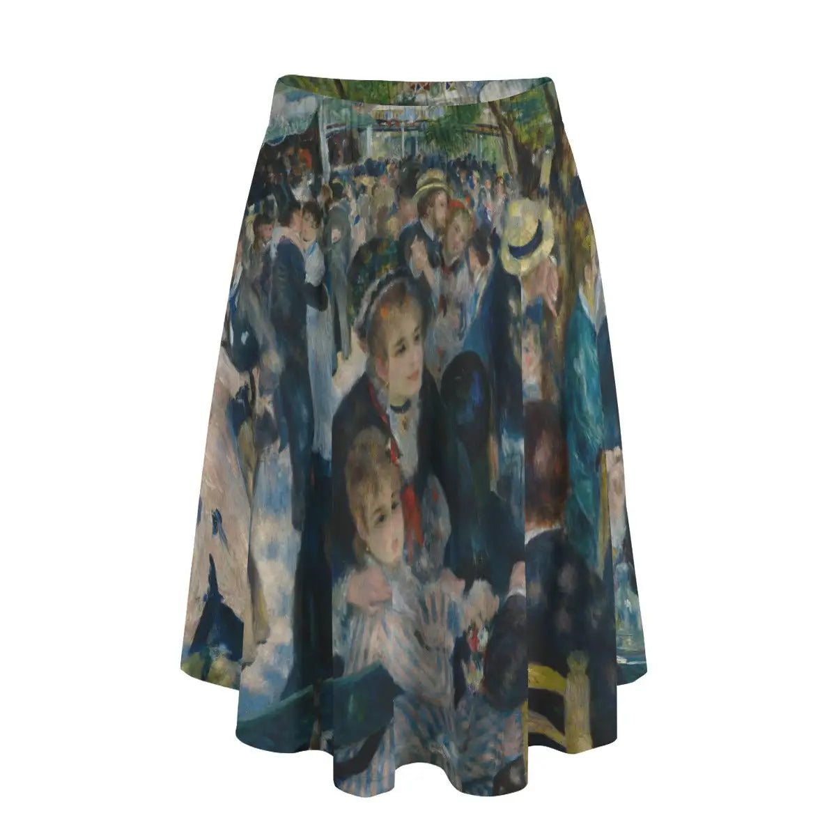Woman wearing Renoir's Dance at Le Moulin de la Galette long maxi skirt showing the joyful Parisian scene against simple white blouse