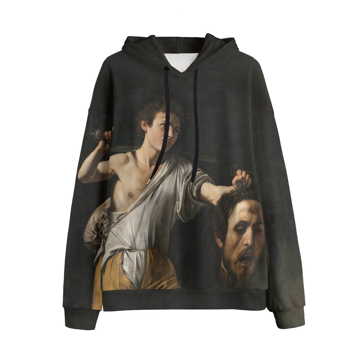 David with Head of Goliath by Caravaggio hoodie, showing detailed artwork on black fleece