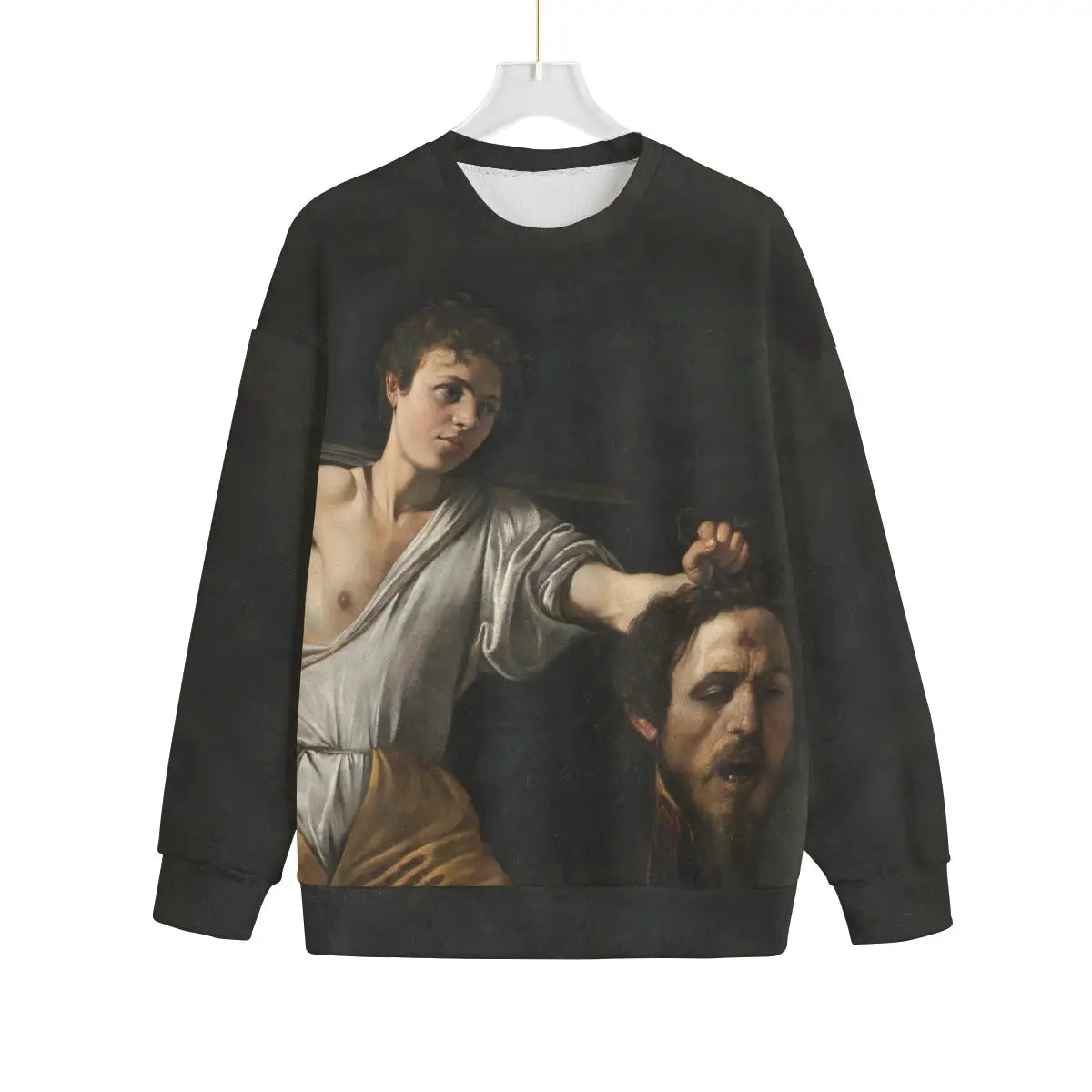 David Head of Goliath by Caravaggio Sweater front view artistic print on black Hacci Fleece