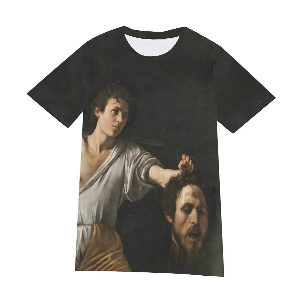 Front view of unisex Baroque art T-shirt displaying the complete composition of Caravaggio's psychological drama, with its revolutionary use of darkness and emerging figures creating a bold and emotionally complex statement