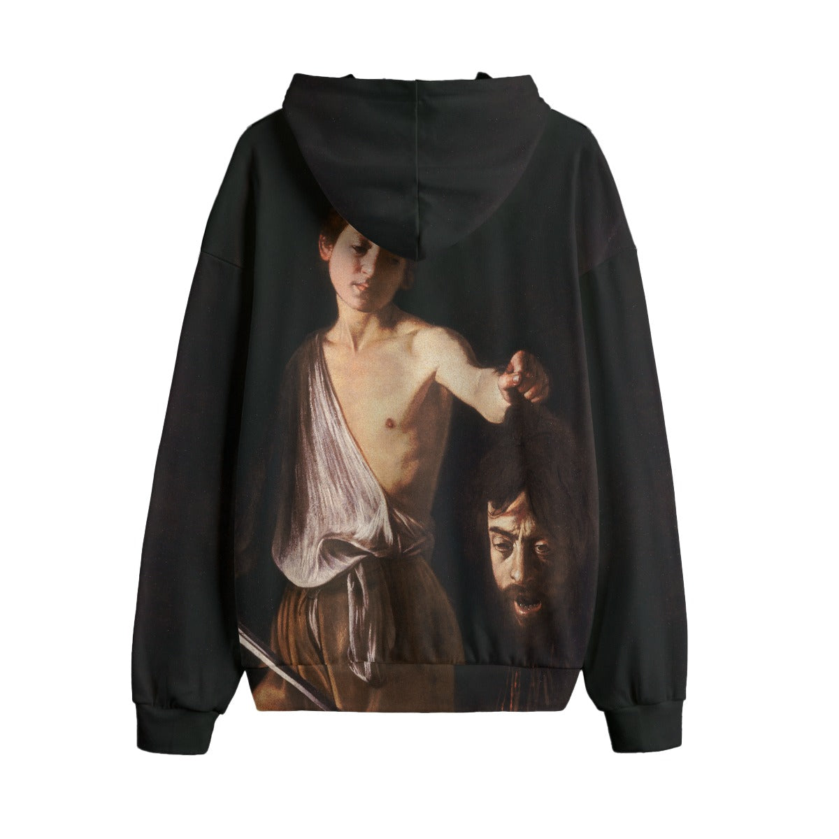 Back view of wearable Baroque art hoodie with Caravaggio's famous painting