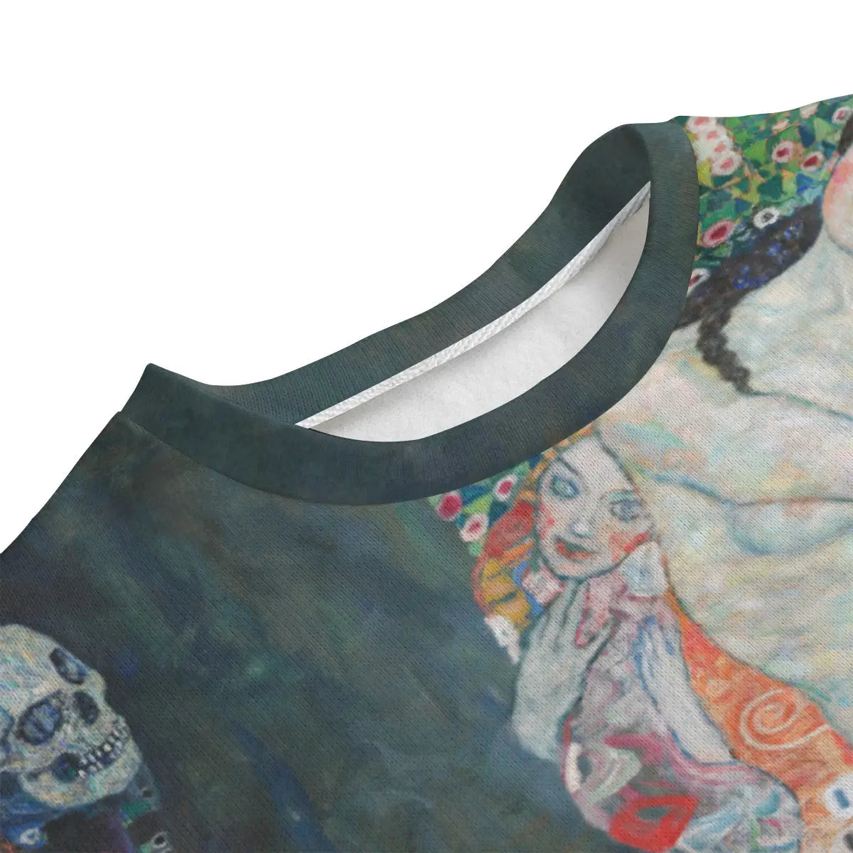 Close-up of Death and Life artwork detail on premium artistic sweater showing Klimt's precise symbols