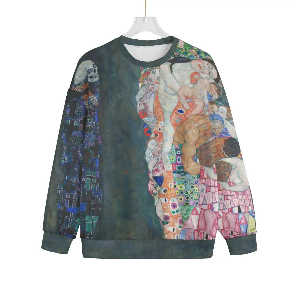 Death and Life by Gustav Klimt Sweater showing full artwork print on eco-friendly Hacci Fleece