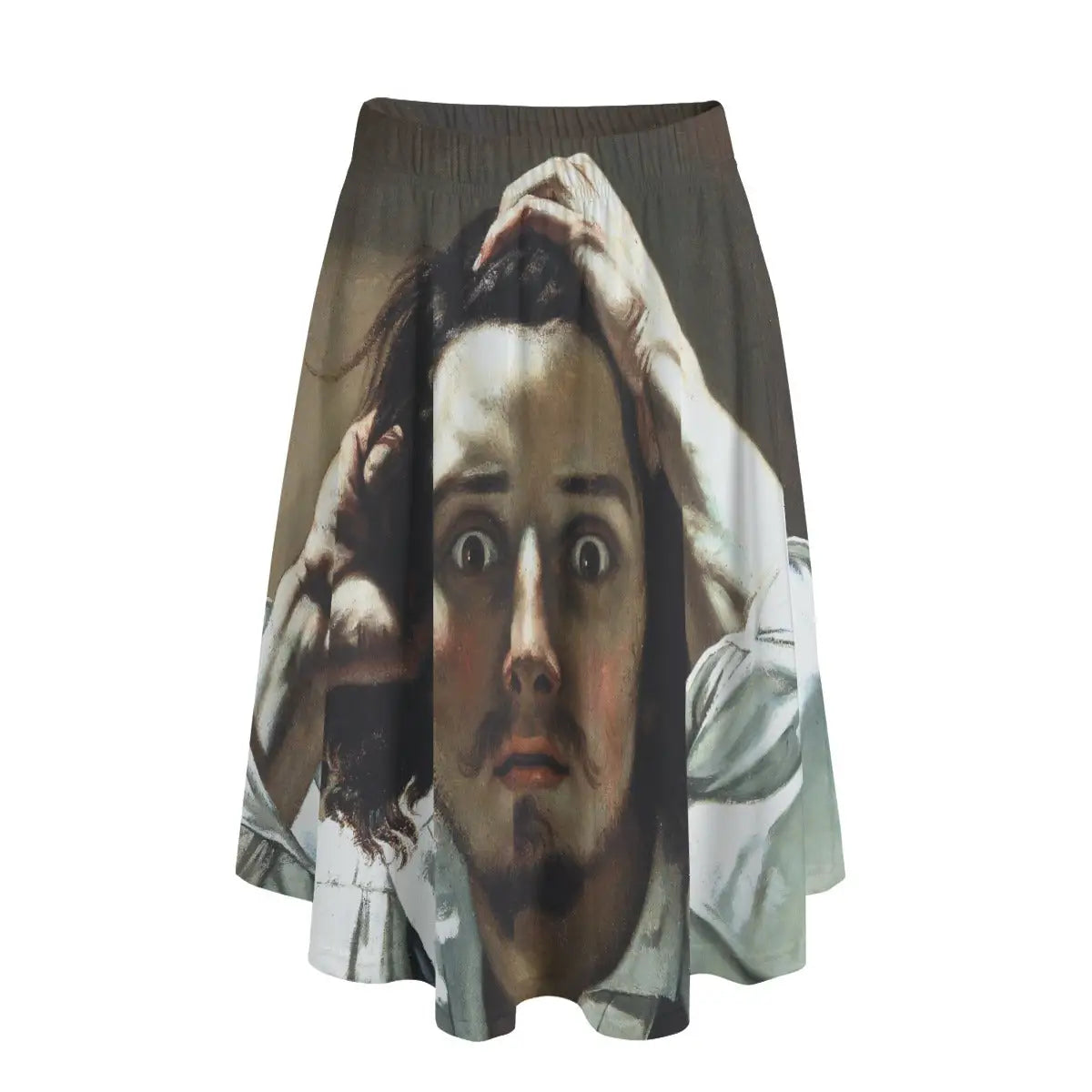 Woman wearing Gustave Courbet's Desperate Man long maxi skirt showing the intense self-portrait against simple black top