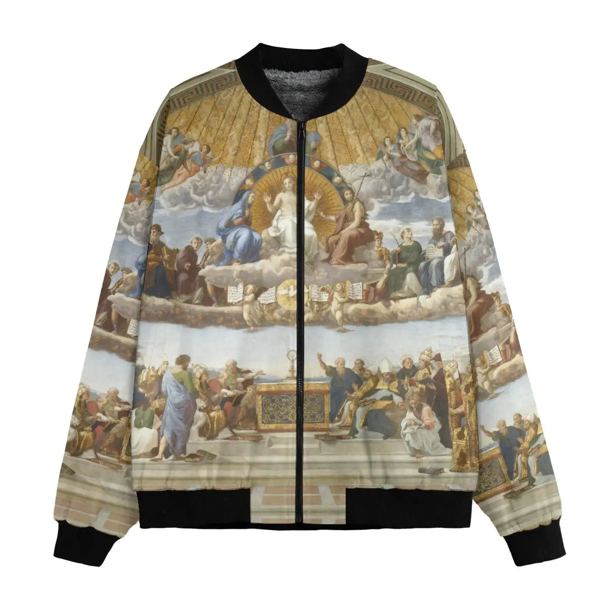 Disputation of the Holy Sacrament by Raphael Bomber Jacket front view showing complete Vatican fresco print