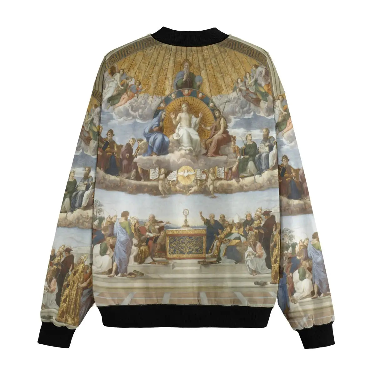 Raphael's Disputation artwork displayed on back of artistic bomber jacket