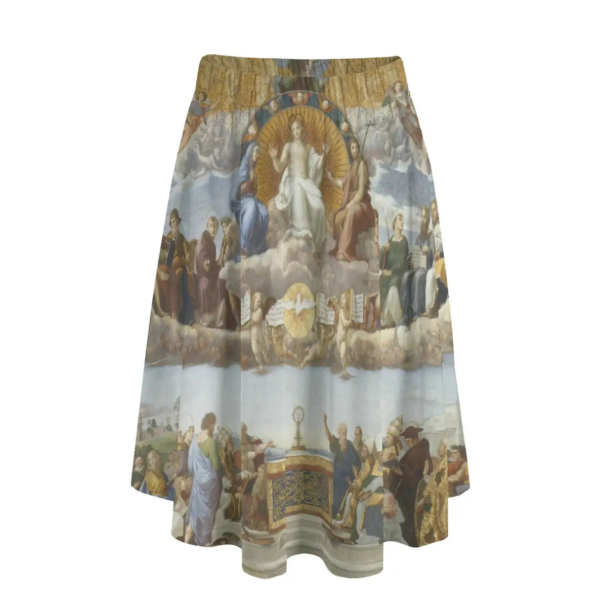 Woman wearing Raphael's Disputation of the Holy Sacrament long maxi skirt showing the sacred assembly against simple sky blue top