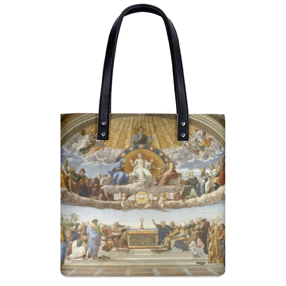 Back view of Renaissance art shoulder bag displaying Raphael's earthly theological gathering