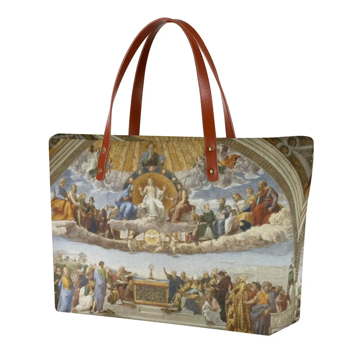 Disputation of the Holy Sacrament tote bag featuring Raphael's Vatican fresco on waterproof fabric