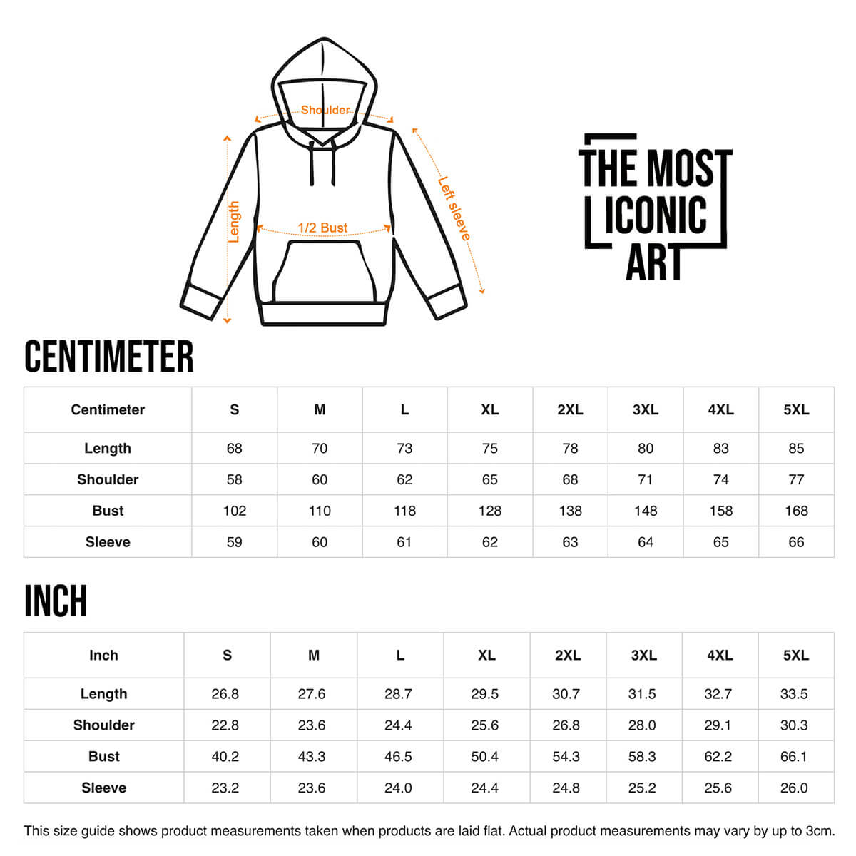 Size Chart of Art Hoodies by The Most Iconic Art