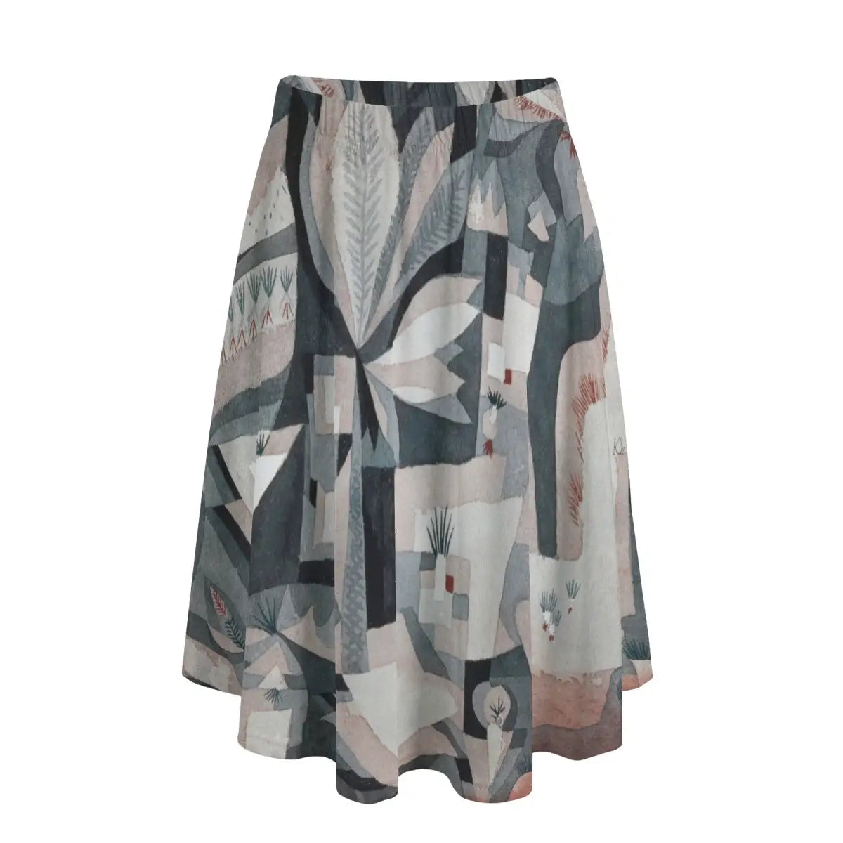 Woman wearing Paul Klee's Dry Cooler Garden long maxi skirt showing the geometric abstract composition against simple rust-colored blouse