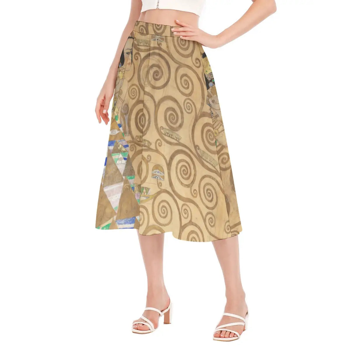 Side view of sustainable art skirt with Klimt's dancer figure in motion, demonstrating how the recycled fabric creates flowing movement that enhances the ceremonial elegance of the composition.