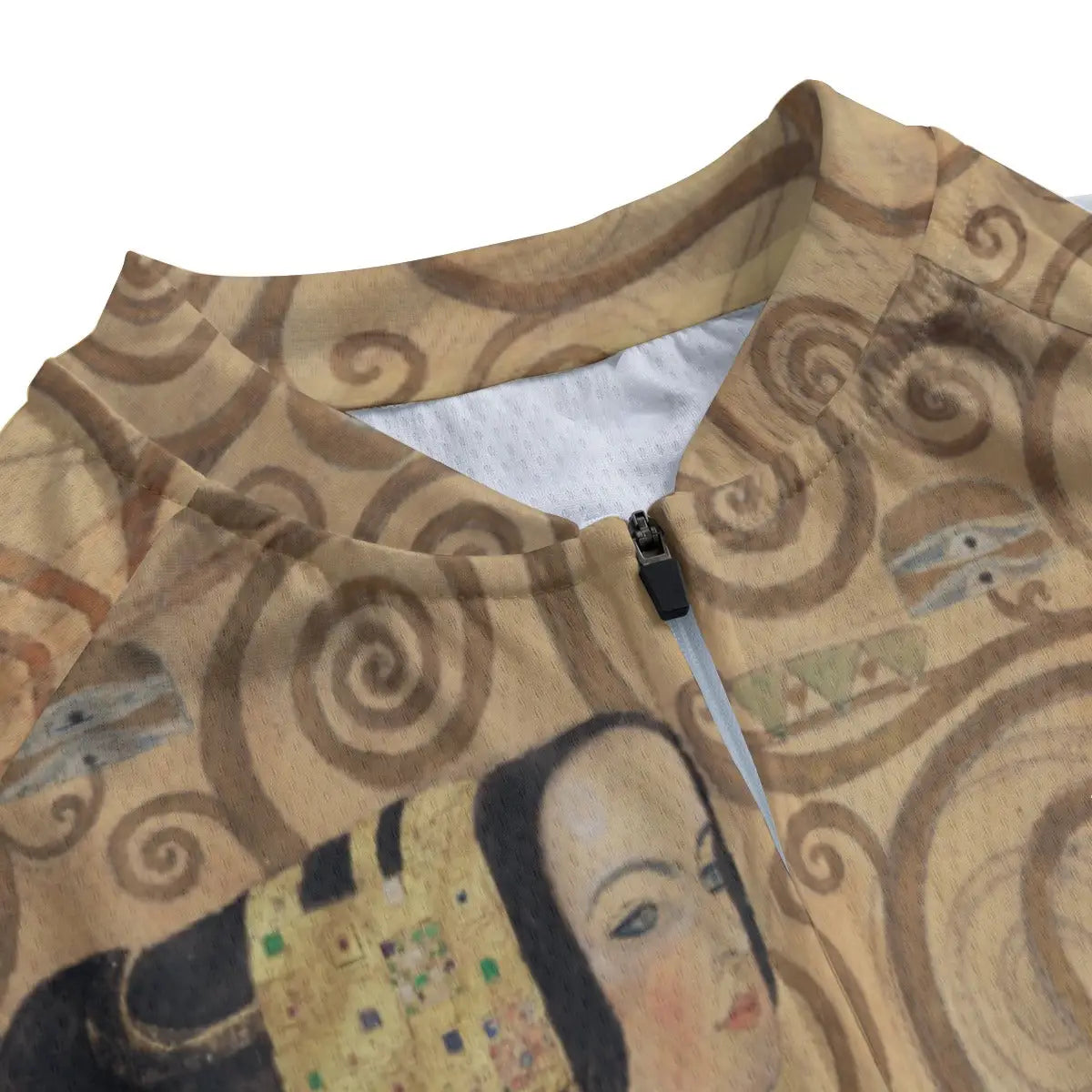 Detailed view of Klimt's Egyptian-inspired dancer figure with gold embellishments reproduced on women's cycling jersey
