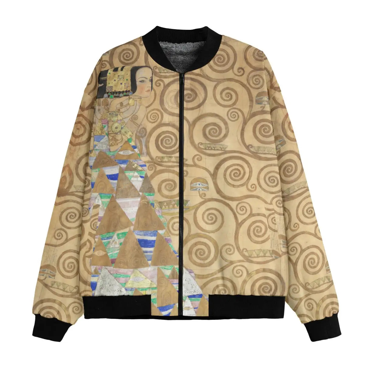 Expectation Part 2 by Gustav Klimt Jacket worn by model showing front design with dancer artwork