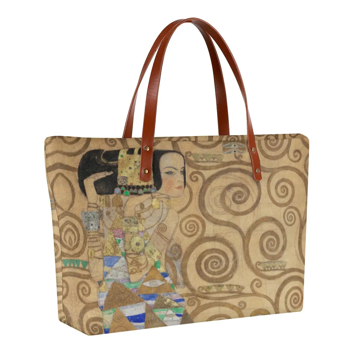 Side view of Gustav Klimt art tote bag showing black zipper and brown strap