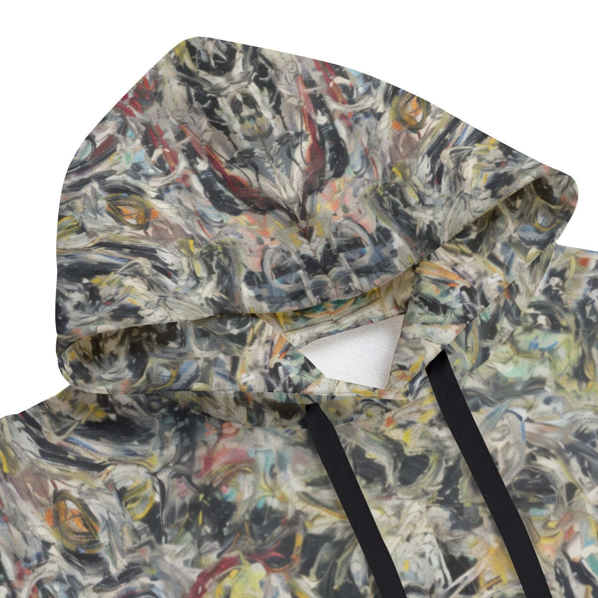 Close-up detail of Jackson Pollock's Eyes in the Heat painting on premium fleece hoodie