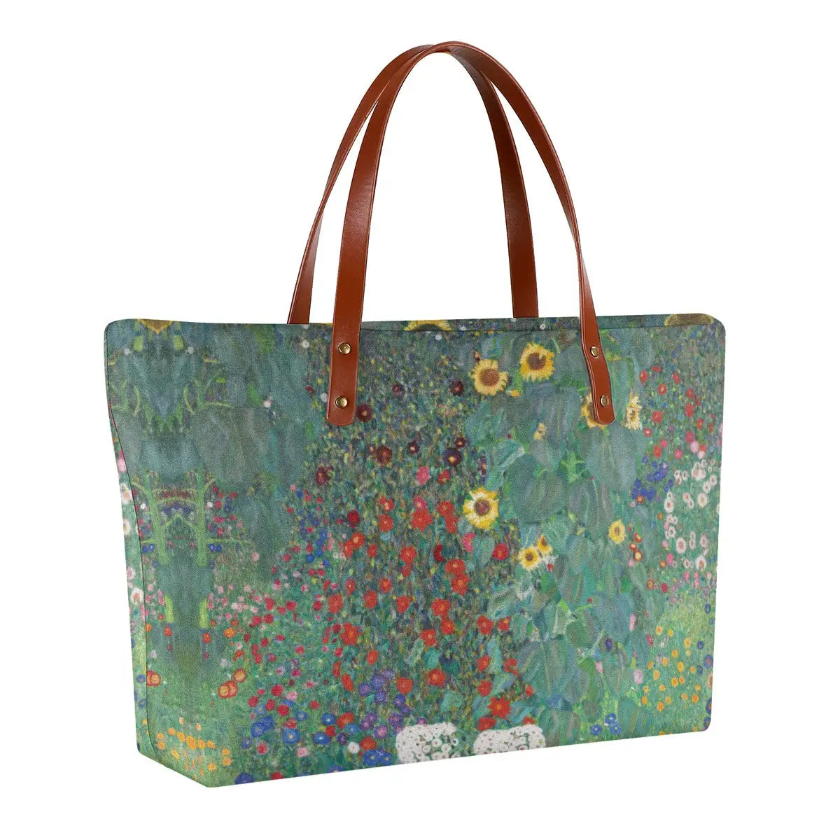 Double-sided art print tote bag showing Klimt's sunflower garden design