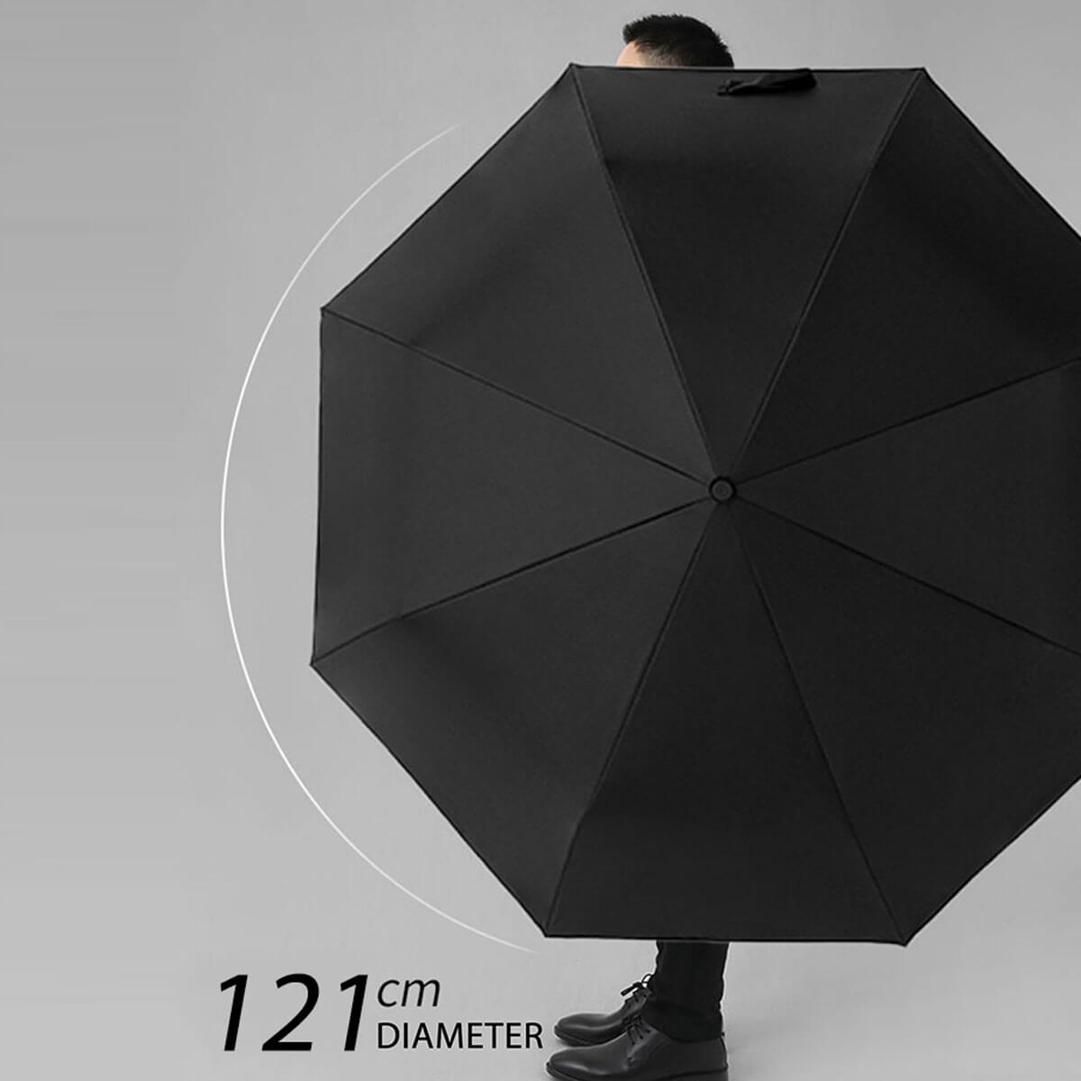 Fully opened large umbrella showcasing sturdy construction