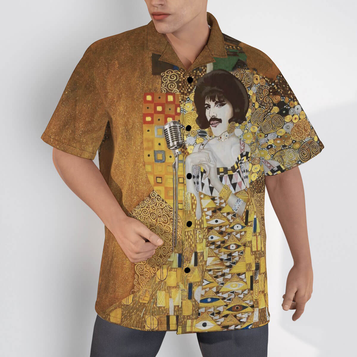 Klimt-inspired Freddie Mercury shirt for rock and art enthusiasts