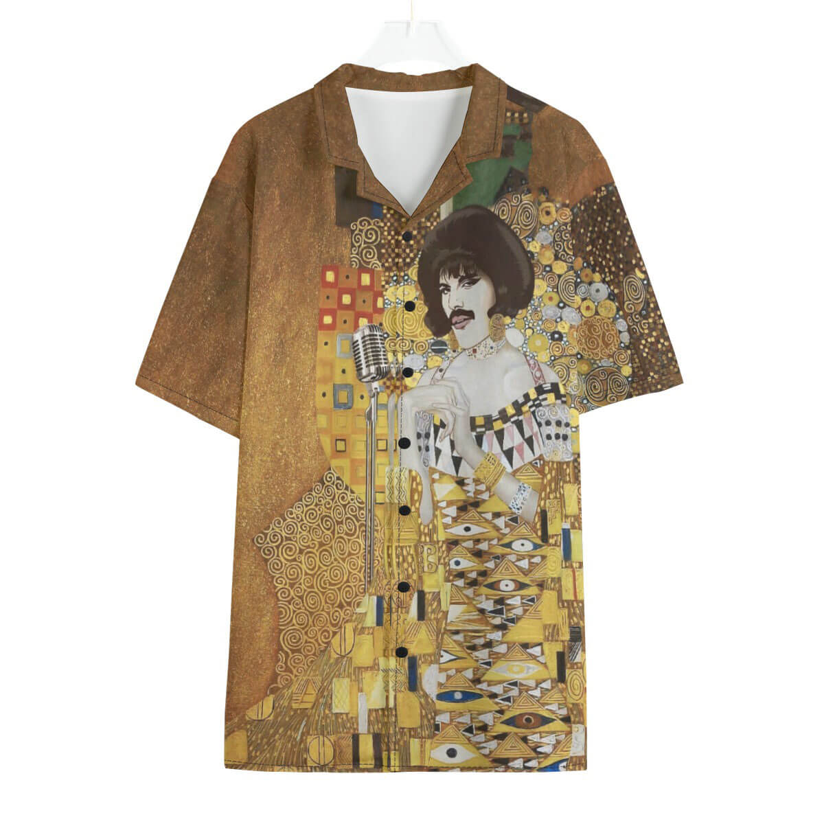 Freddie Mercury portrayed in Gustav Klimt's golden style on Hawaiian shirt