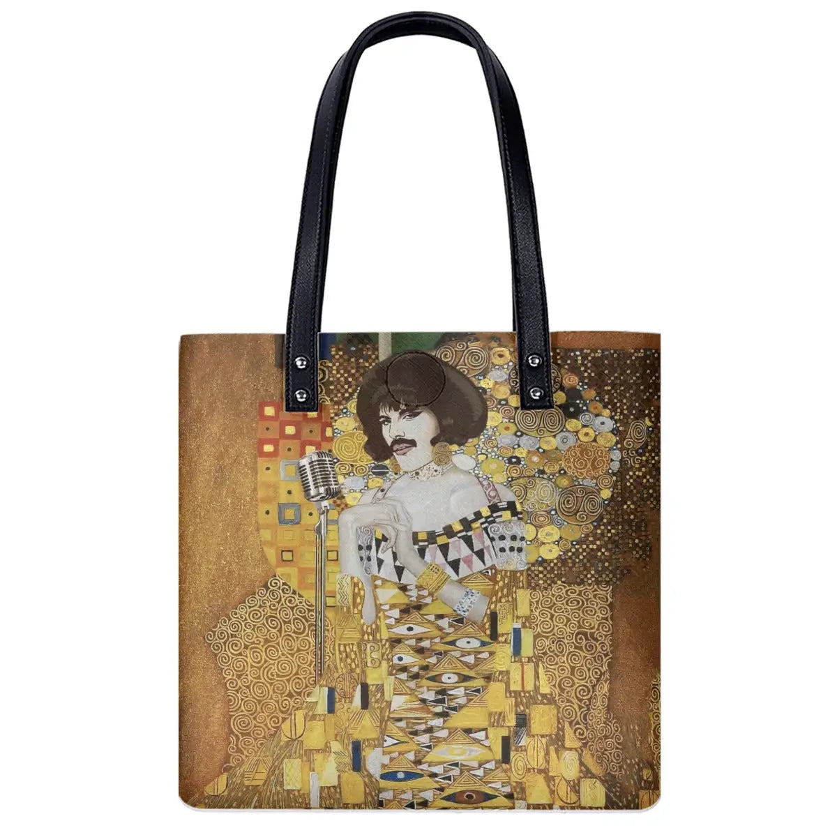 Freddie Mercury Golden Shoulder Bag featuring Klimt-inspired portrait design on waterproof black fabric