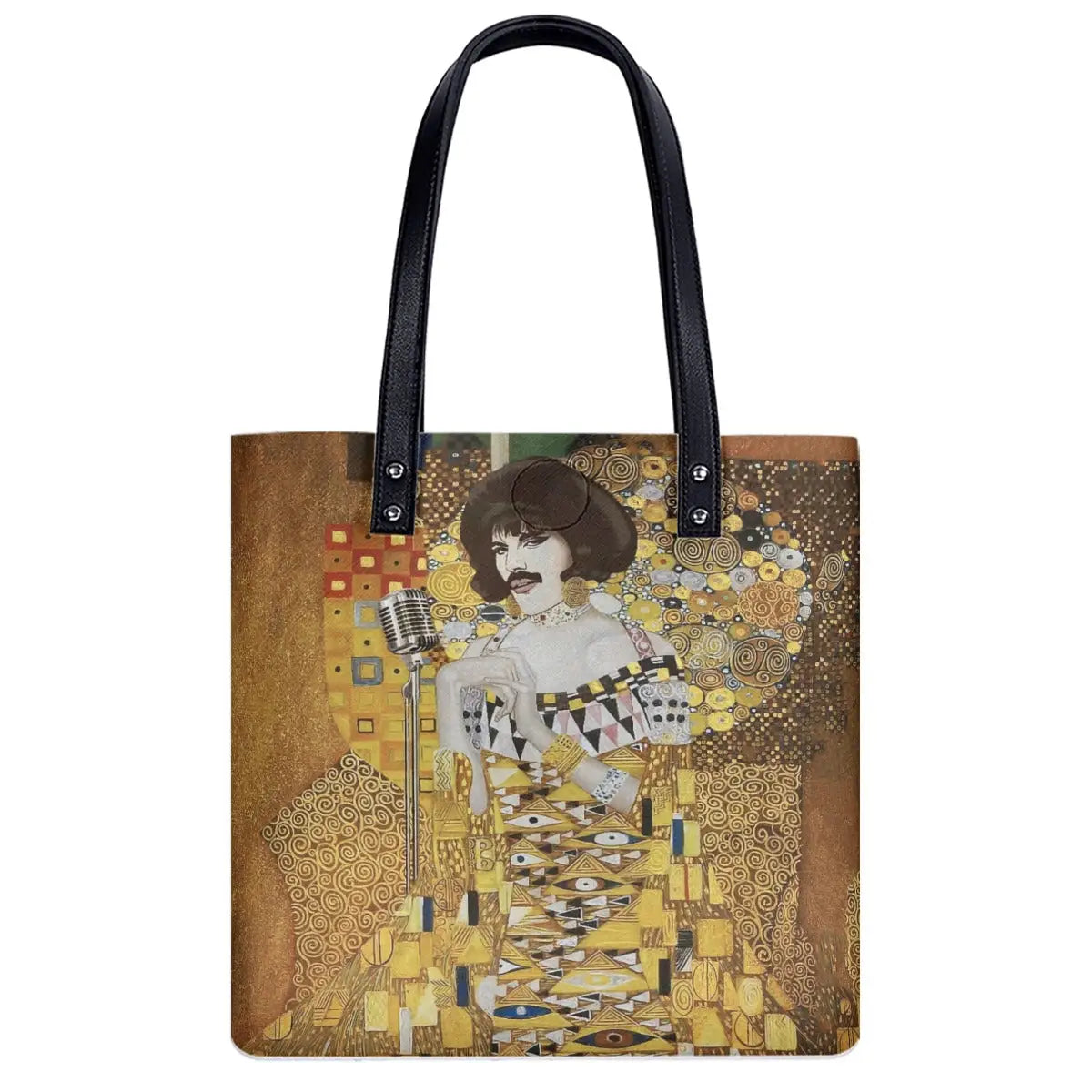 Double-sided artistic print shoulder bag showing Freddie Mercury in Gustav Klimt's golden style