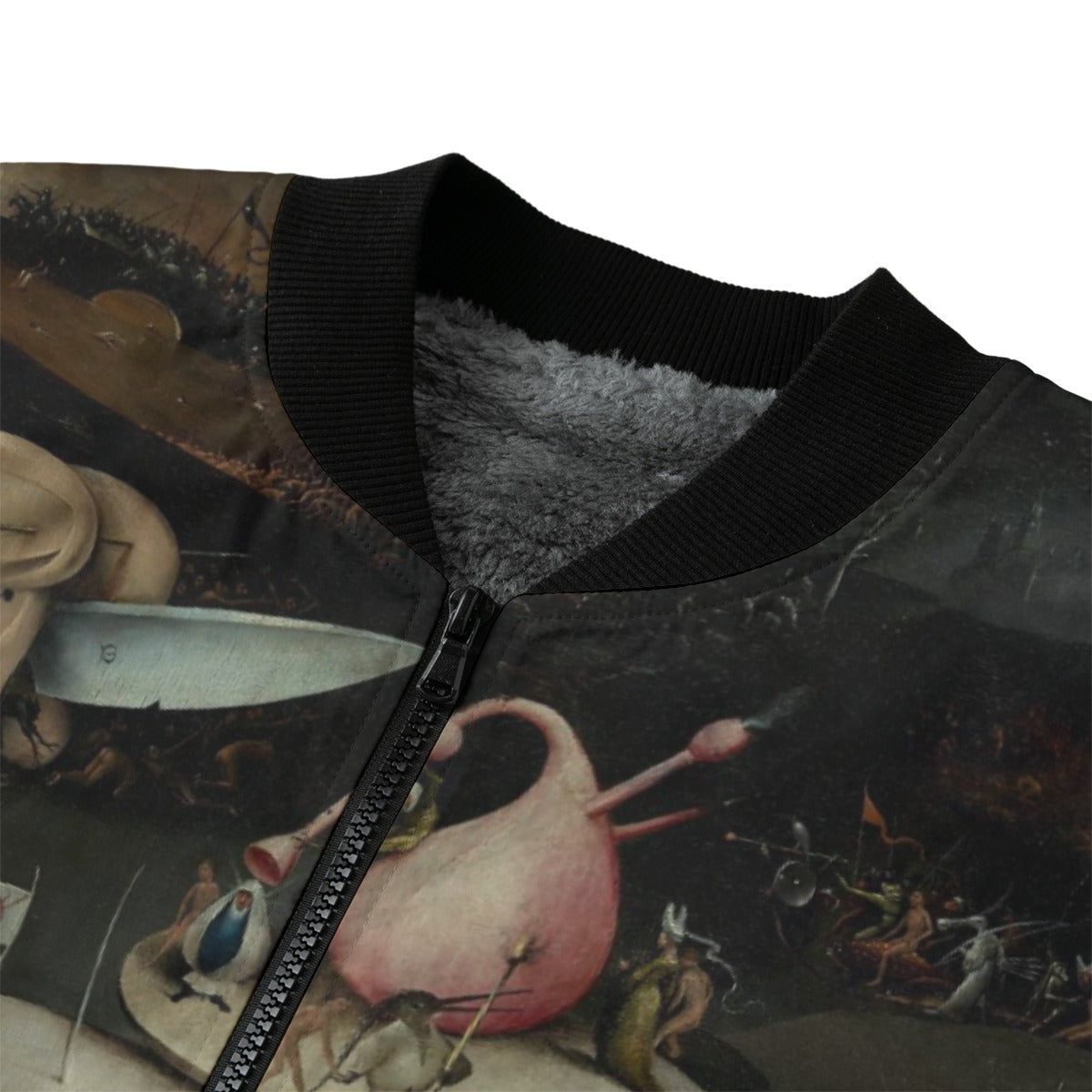 Model wearing Garden of Hell artistic bomber jacket by Hieronymus Bosch