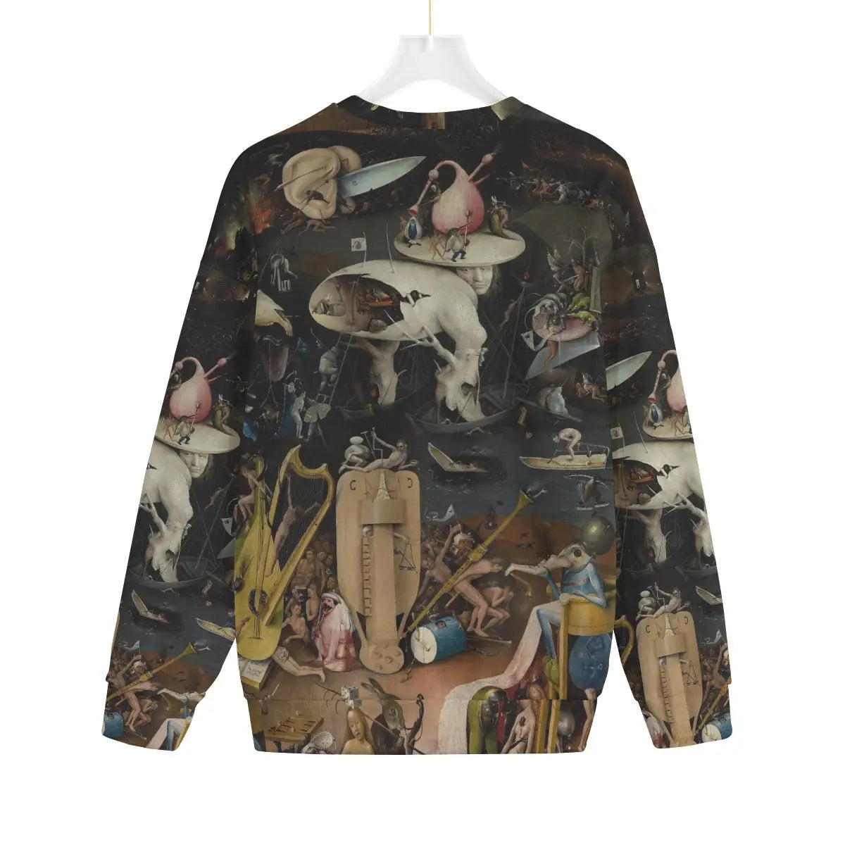 Back view of Garden of Earthly Delights Hell Panel sweater displaying burning cities artwork