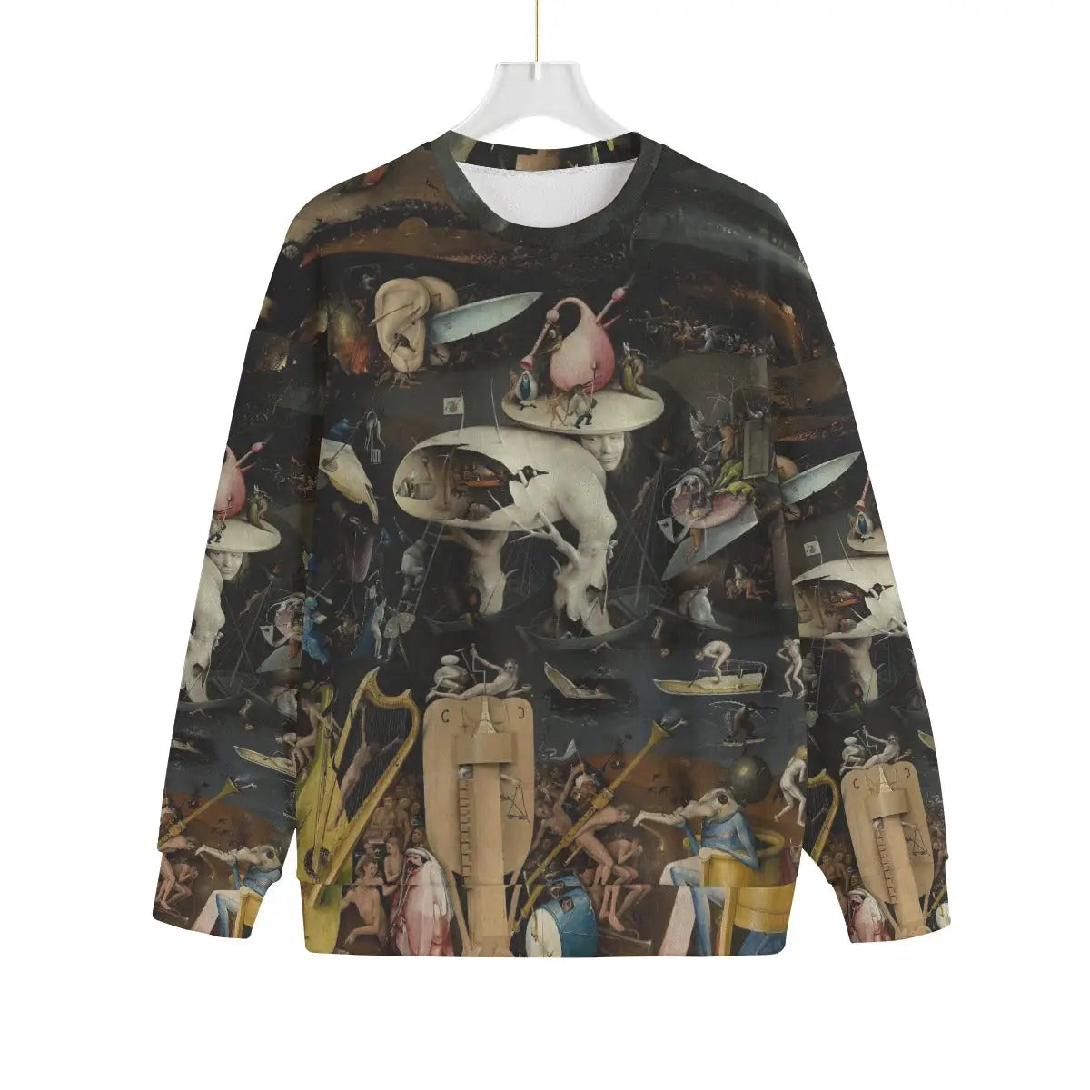 Front view of Bosch Hell Panel sweater showing Tree-Man figure and medieval scenes on Hacci Fleece