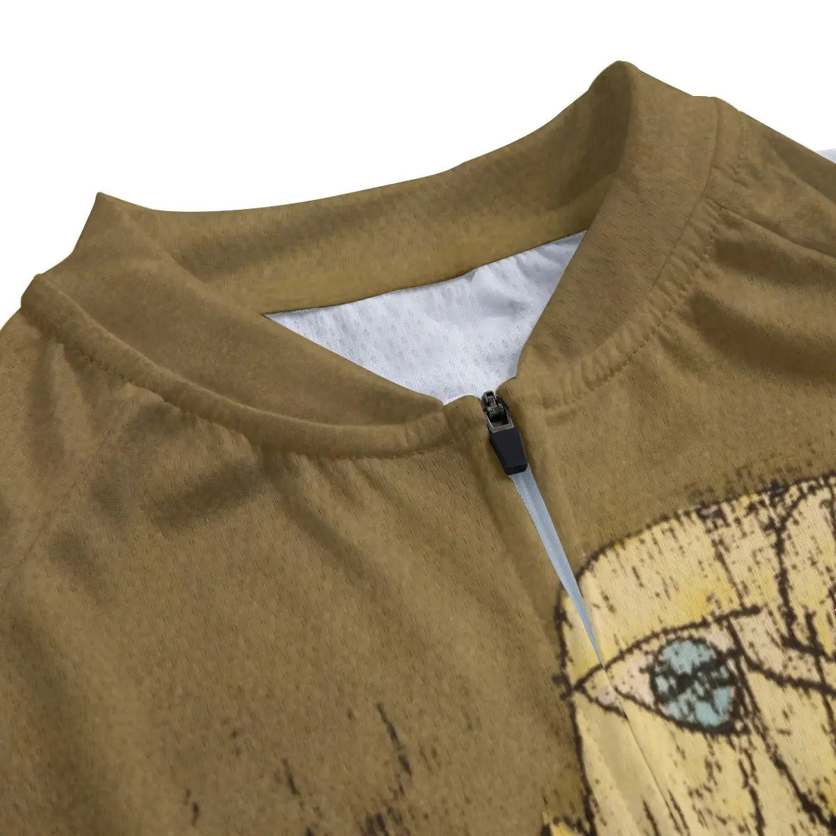Detailed view of Klee's delicate spectral figure and translucent color washes reproduced on women's cycling jersey