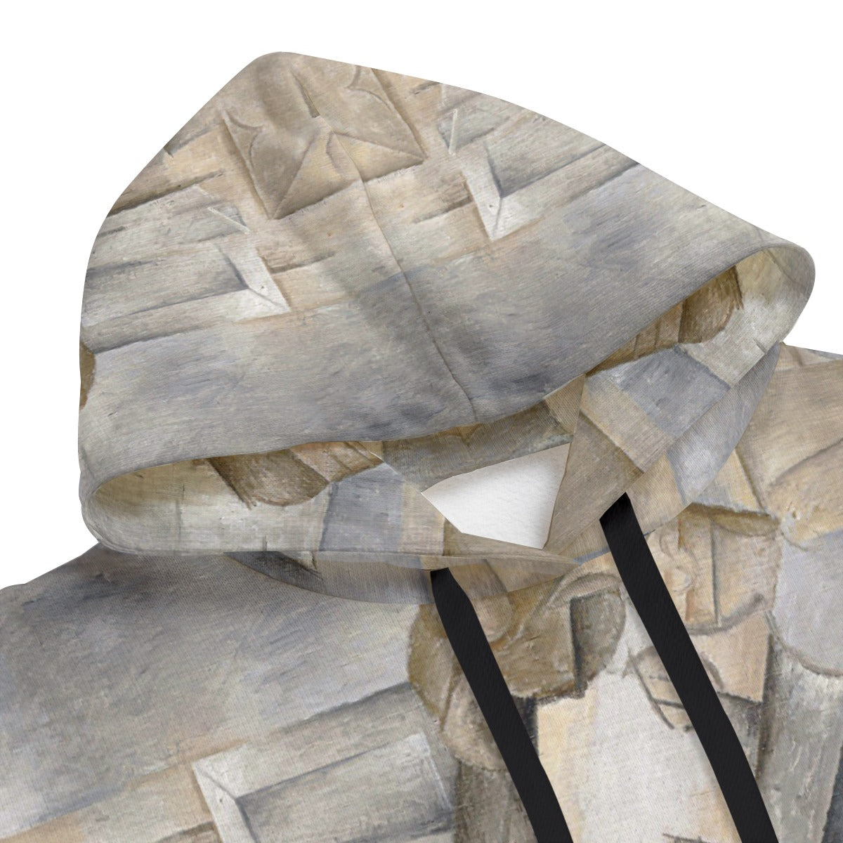 Detail of Picasso's Girl with a Mandolin cubist artwork on hoodie