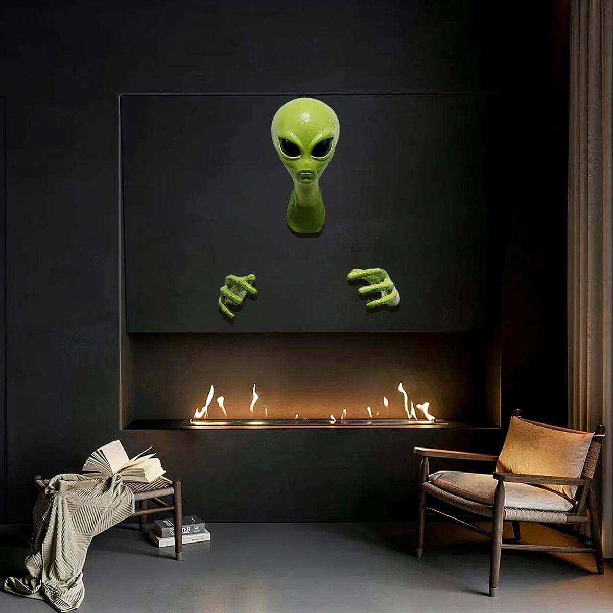 Close-up of 3D extraterrestrial wall art with vibrant details