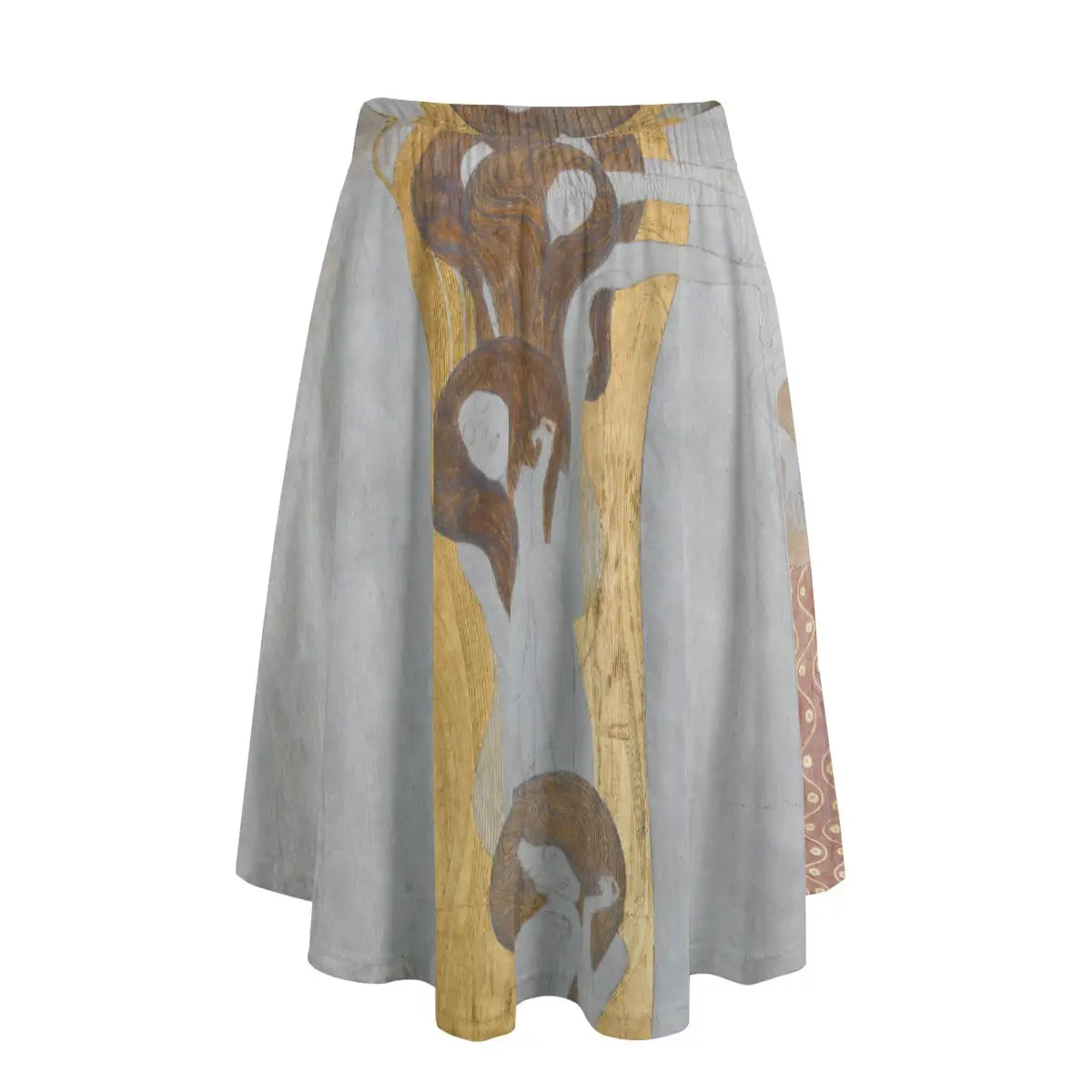 Woman wearing Gustav Klimt's Beethoven Frieze long maxi skirt showing allegorical figures against simple white top