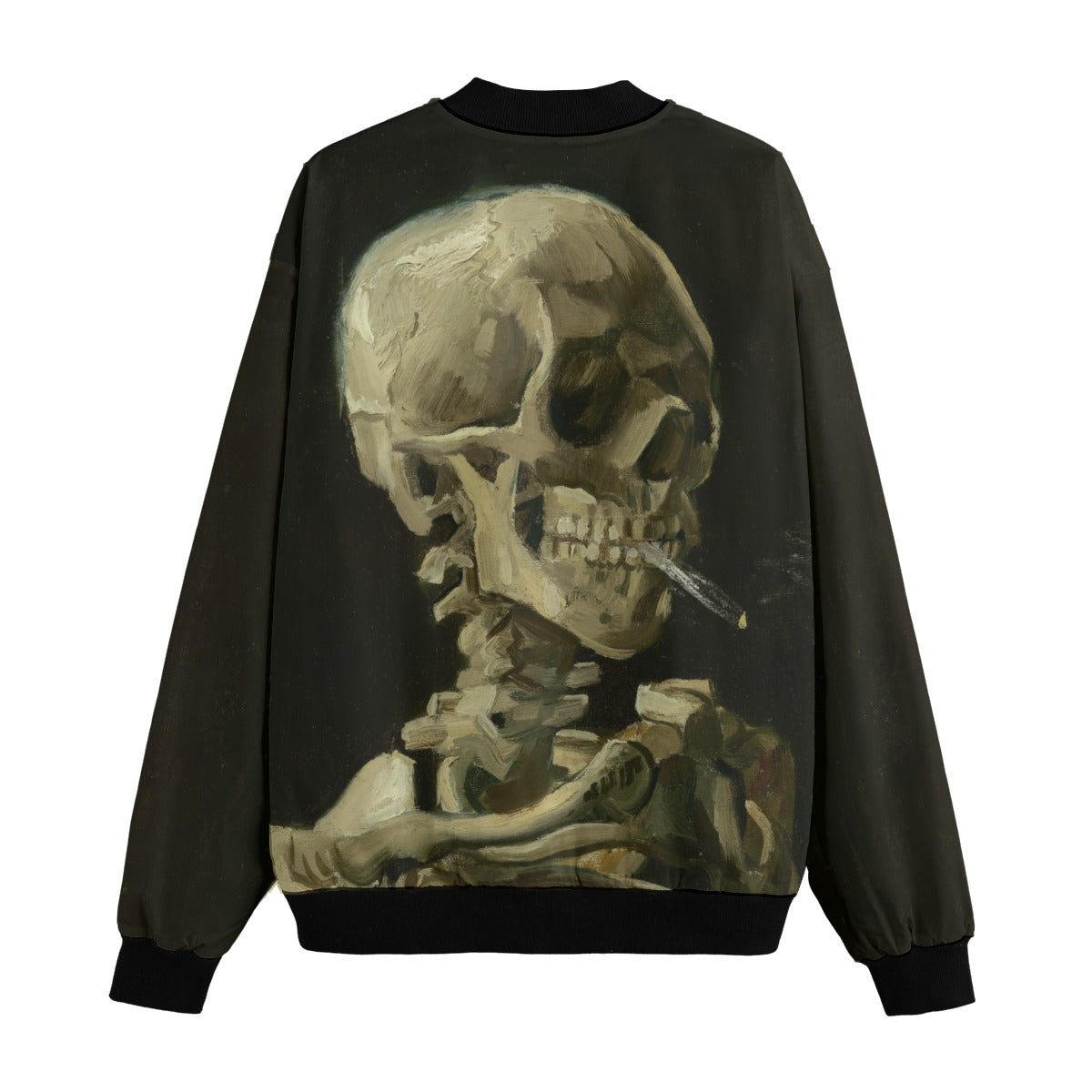 Van Gogh Skeleton Art Bomber Jacket front view showing detailed museum-quality print on eco-friendly fabric