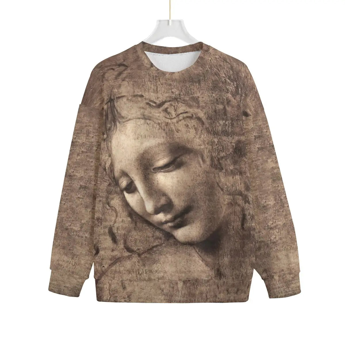 Head of a Woman by Leonardo da Vinci Sweater showing La Scapigliata portrait print on eco-friendly Hacci fleece