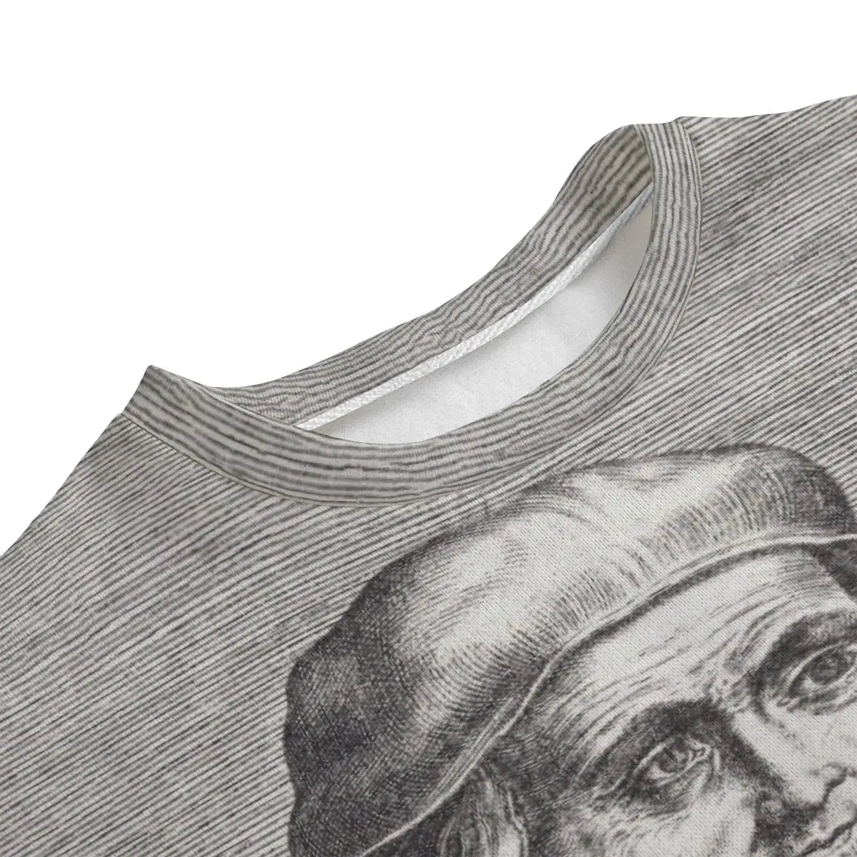 Close-up detail of historic Cornelis Cort engraving on sustainable art sweater