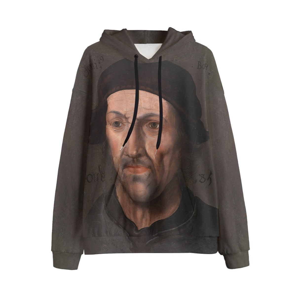 Artistic hoodie featuring Portrait of Hieronymus Bosch laid flat