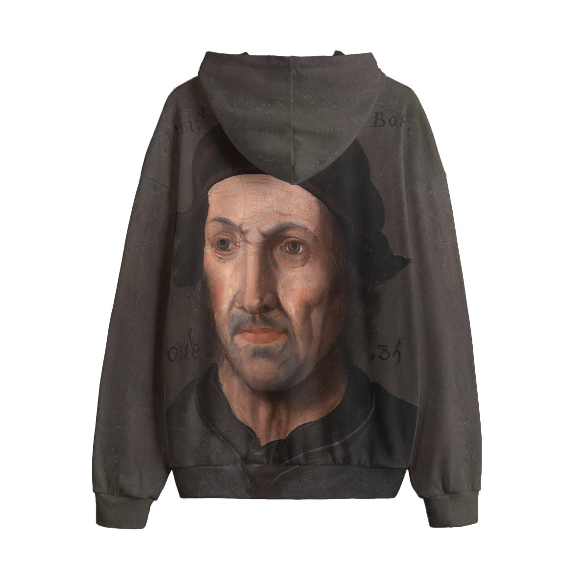 Back view of Hieronymus Bosch Portrait hoodie showing full artwork