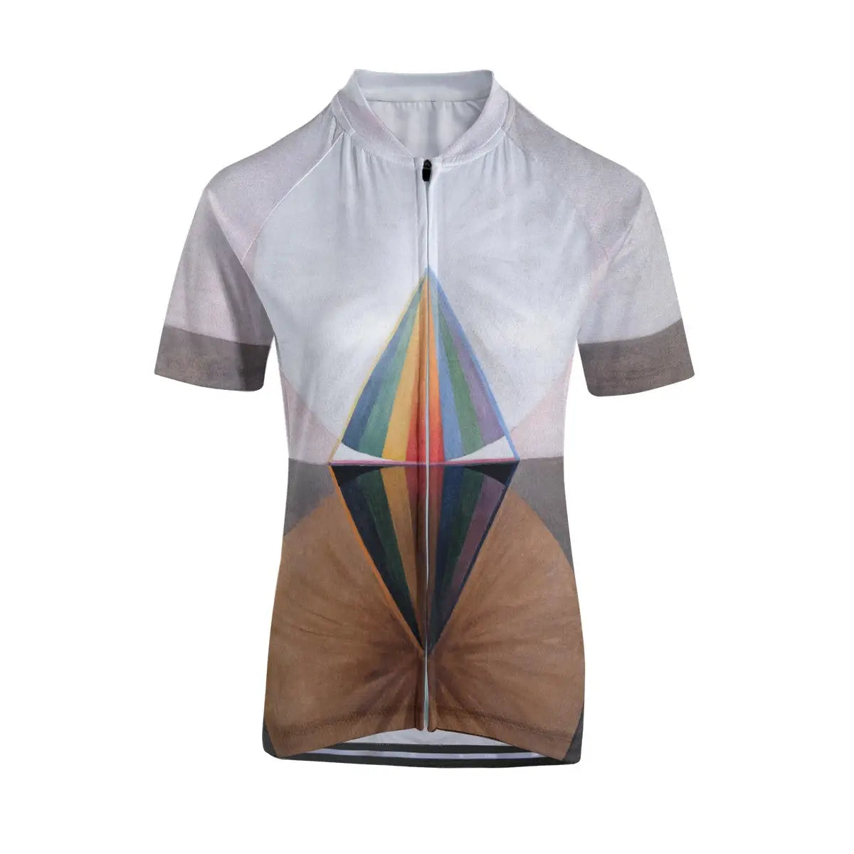 Woman cyclist wearing Hilma af Klint Swan abstract art jersey on scenic country road