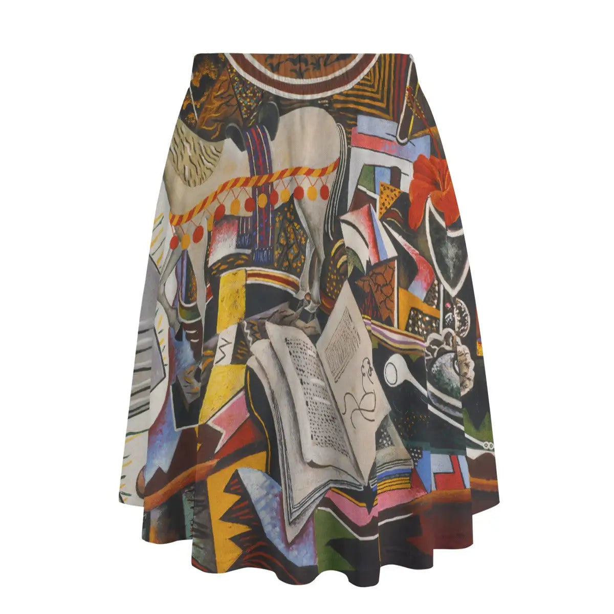 Back view of surrealist-inspired maxi skirt showing how the abstract composition wraps playfully around the garment