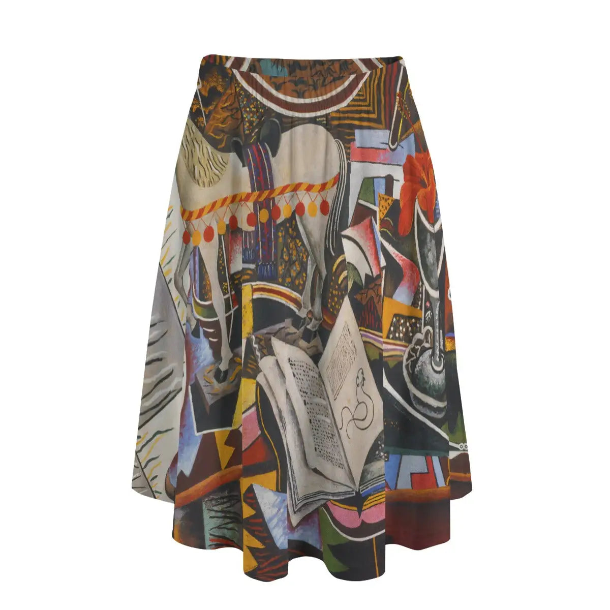 Woman wearing Joan Miró's Horse, Pipe and Red Flower long maxi skirt showing the playful surrealist composition against simple red blouse