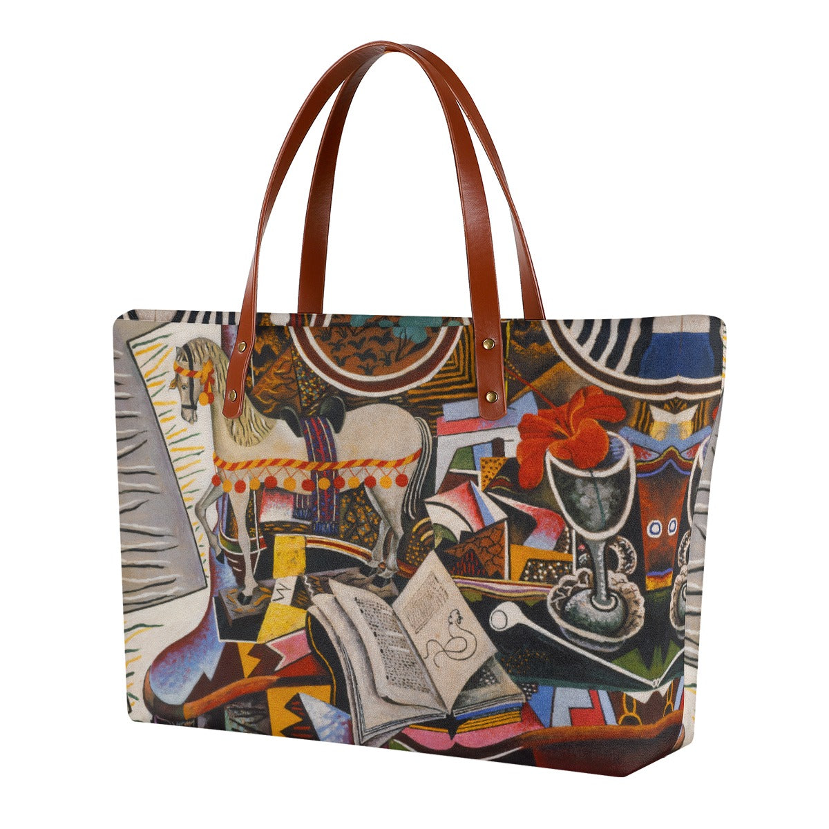 Joan Miró Horse, Pipe and Red Flower waterproof tote bag with black zipper and brown strap