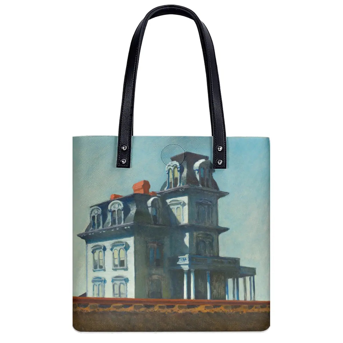 High-quality print detail of Hopper's House by the Railroad on shoulder bag