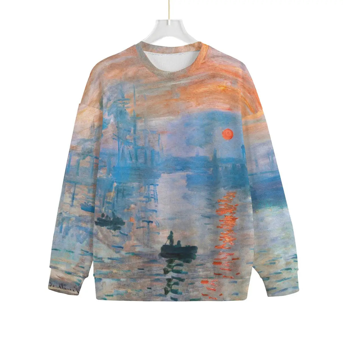 Impression Sunrise by Claude Monet Sweater showing full front print of famous harbor scene