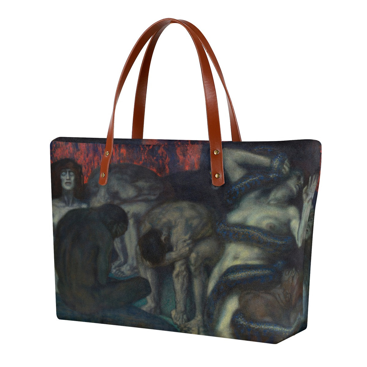 Inferno by Franz von Stuck Tote Bag with black zipper and brown strap, waterproof art bag