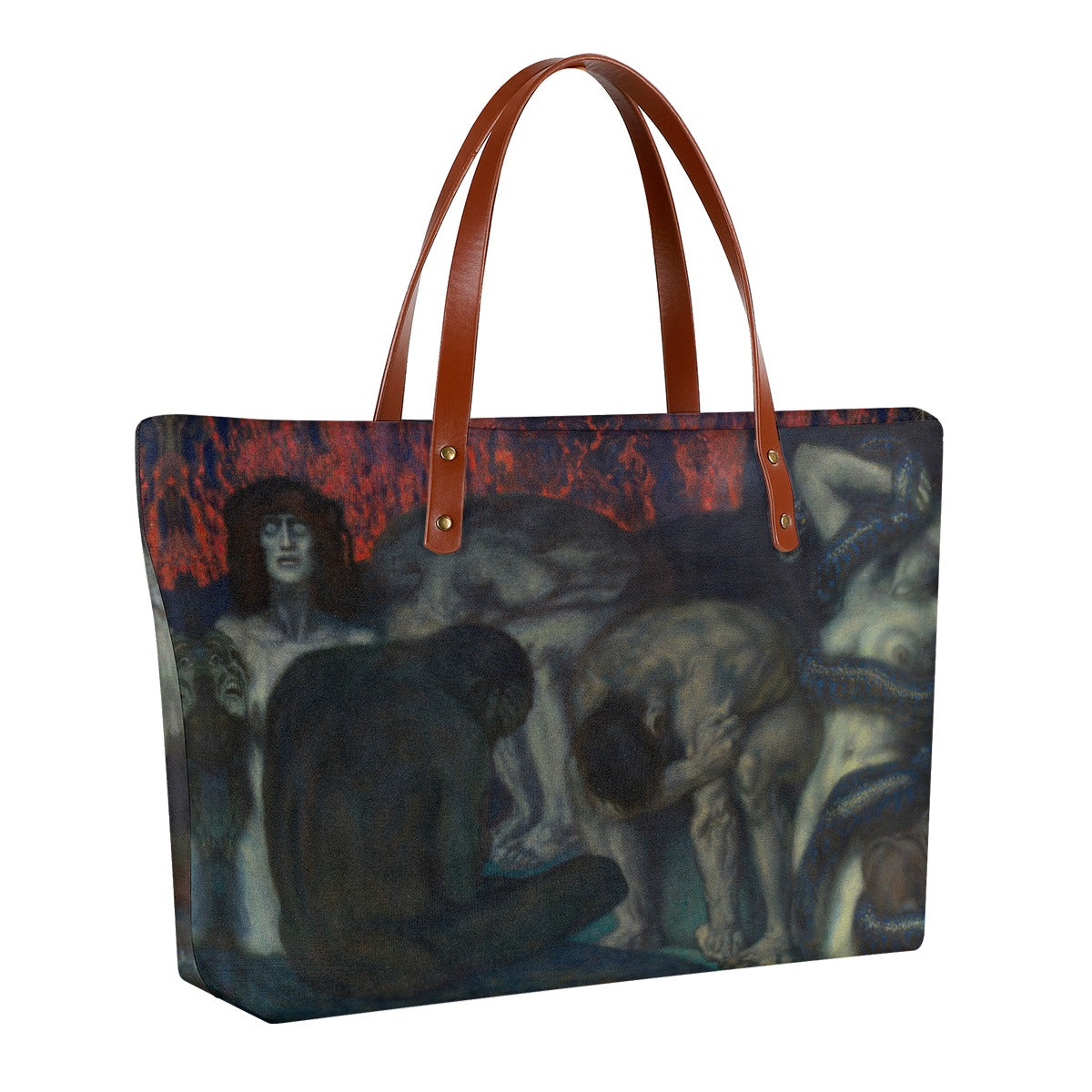 Double-sided art tote bag showing Franz von Stuck's Inferno painting, black lining visible